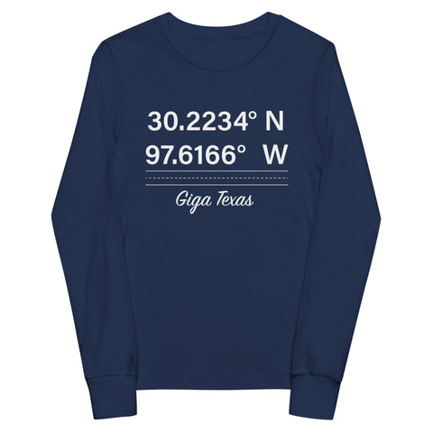 Tesla inspired apparel. Texas Gigafactory GPS coordinates. Birthplace Texas image centered on youth long sleeve t-shirt.