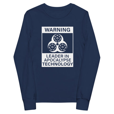 Tesla inspired apparel. Elon Musk quote. Cybertruck. Leader In Apocalypse Technology image centered on youth long sleeve t-shirt.