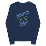 Tesla inspired apparel. EV car charger. Electric Life image centered on youth long sleeve t-shirt.