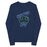 Tesla inspired apparel. EV car charger. Electric Life image centered on youth long sleeve t-shirt.