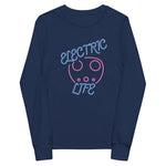 Tesla inspired apparel. EV car charger. Electric Life image centered on youth long sleeve t-shirt.