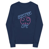 Tesla inspired apparel. EV car charger. Electric Life image centered on youth long sleeve t-shirt.