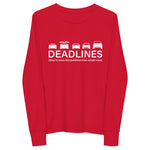 Tesla inspired apparel.  Elon Musk missing deadlines since day one. Deadlines image centered on youth long sleeve t-shirt.