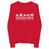 Tesla inspired apparel.  Elon Musk missing deadlines since day one. Deadlines image centered on youth long sleeve t-shirt.