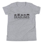 Tesla inspired apparel.  Elon Musk missing deadlines since day one. Deadlines image centered on youth t-shirt.