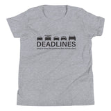 Tesla inspired apparel.  Elon Musk missing deadlines since day one. Deadlines image centered on youth t-shirt.