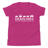 Tesla inspired apparel.  Elon Musk missing deadlines since day one. Deadlines image centered on youth t-shirt.