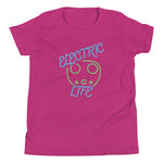 Tesla inspired apparel. EV car charger. Electric Life image centered on youth t-shirt.