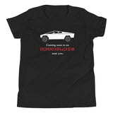 Tesla inspired apparel. Cybertruck. Apocalypse Near You image centered on youth t-shirt.