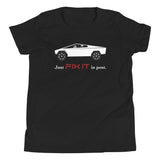 Tesla inspired apparel. Elon Musk quote. Cybertruck. Just Fix It In Post image centered on youth long sleeve t-shirt.