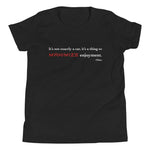 Tesla inspired apparel. Elon Musk quote. Maximize Enjoyment image centered on youth t-shirt.