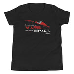 Tesla inspired apparel. Elon Musk quote. Starman in red roadster. Die On Mars, Not On Impact image centered on youth t-shirt.