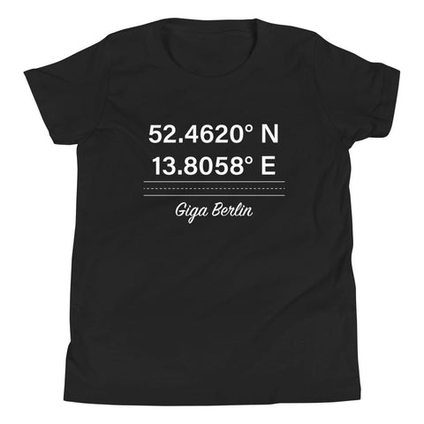 Tesla inspired apparel. Berlin Gigafactory GPS coordinates. Birthplace Berlin image centered on youth t-shirt.