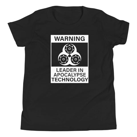 Tesla inspired apparel. Elon Musk quote. Cybertruck. Leader In Apocalypse Technology image centered on youth t-shirt.