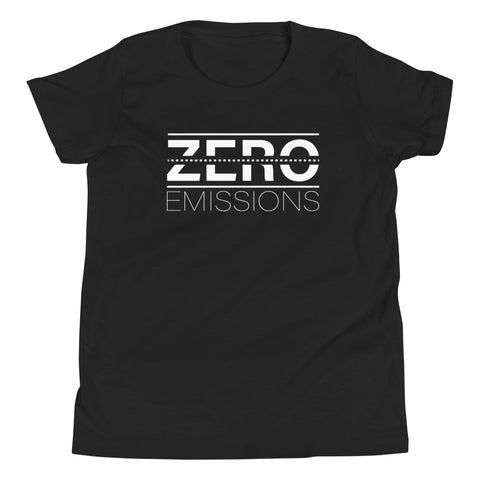 Tesla inspired apparel. EV no emissions. Electric Vehicle Car. Zero Emissions image centered on youth t-shirt.