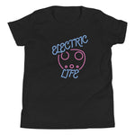 Tesla inspired apparel. EV car charger. Electric Life image centered on youth t-shirt.