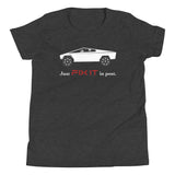 Tesla inspired apparel. Elon Musk quote. Cybertruck. Just Fix It In Post image centered on youth long sleeve t-shirt.