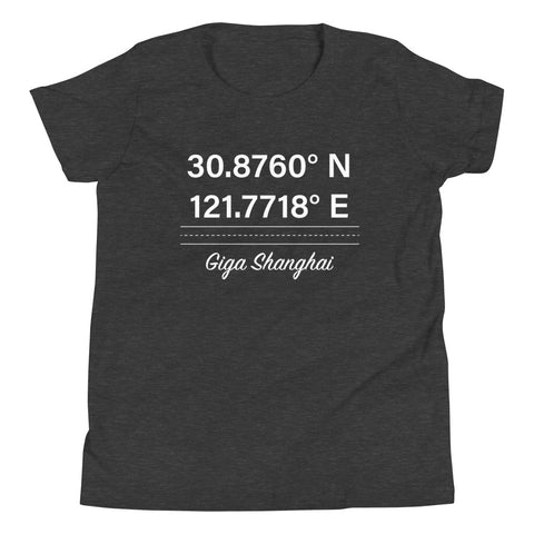 Tesla inspired apparel. Shanghai Gigafactory GPS coordinates. Birthplace Shanghai image centered on youth t-shirt.