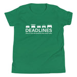 Tesla inspired apparel.  Elon Musk missing deadlines since day one. Deadlines image centered on youth t-shirt.