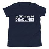 Tesla inspired apparel.  Elon Musk missing deadlines since day one. Deadlines image centered on youth t-shirt.