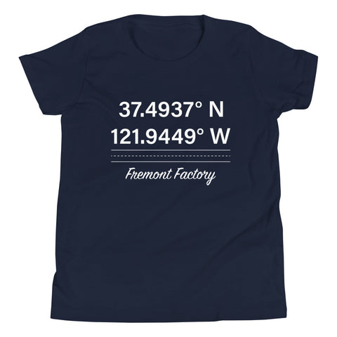 Tesla inspired apparel. Fremont Gigafactory GPS coordinates. Birthplace Fremont image centered on youth t-shirt.