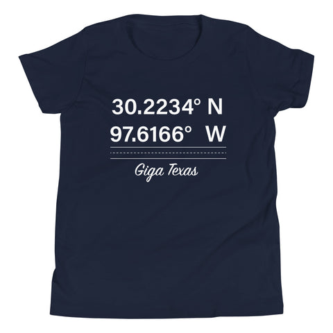 Tesla inspired apparel. Texas Gigafactory GPS coordinates. Birthplace Texas image centered on youth t-shirt.