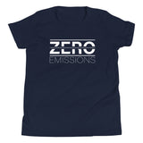 Tesla inspired apparel. EV no emissions. Electric Vehicle Car. Zero Emissions image centered on youth t-shirt.