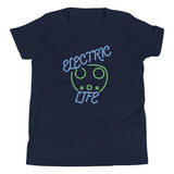 Tesla inspired apparel. EV car charger. Electric Life image centered on youth t-shirt.