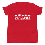 Tesla inspired apparel.  Elon Musk missing deadlines since day one. Deadlines image centered on youth t-shirt.