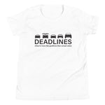 Tesla inspired apparel.  Elon Musk missing deadlines since day one. Deadlines image centered on youth t-shirt.