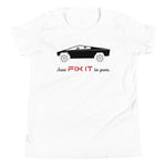 Tesla inspired apparel. Elon Musk quote. Cybertruck. Just Fix It In Post image centered on youth long sleeve t-shirt.