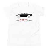 Tesla inspired apparel. Elon Musk quote. Cybertruck. Just Fix It In Post image centered on youth long sleeve t-shirt.