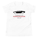 Tesla inspired apparel. Cybertruck. Apocalypse Near You image centered on youth t-shirt.