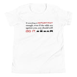 Tesla inspired apparel. Elon Musk quote. Against All Odds image centered on youth white t-shirt.