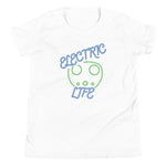 Tesla inspired apparel. EV car charger. Electric Life image centered on youth t-shirt.