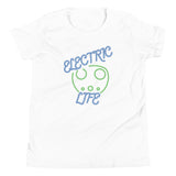 Tesla inspired apparel. EV car charger. Electric Life image centered on youth t-shirt.