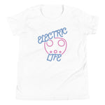 Tesla inspired apparel. EV car charger. Electric Life image centered on youth t-shirt.